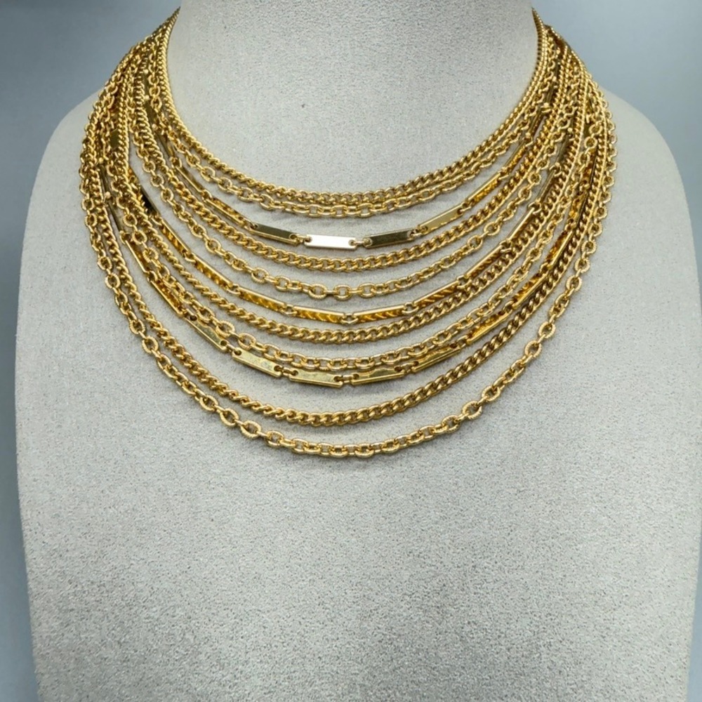 Vintage Multi Chain Waterfall Necklace Gold Tone 14"-18" Statement